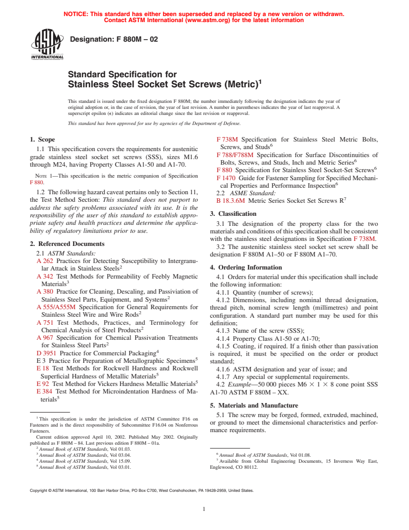 ASTM F880M-02 - Standard Specification for Stainless Steel Socket Set Screws [Metric]