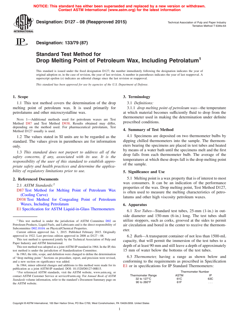 ASTM D127-08(2015) - Standard Test Method for  Drop Melting Point of Petroleum Wax, Including Petrolatum