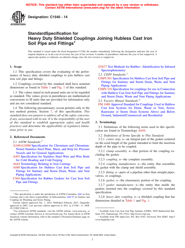 ASTM C1540-14 - Standard Specification for  Heavy Duty Shielded Couplings Joining Hubless Cast Iron Soil   Pipe and Fittings
