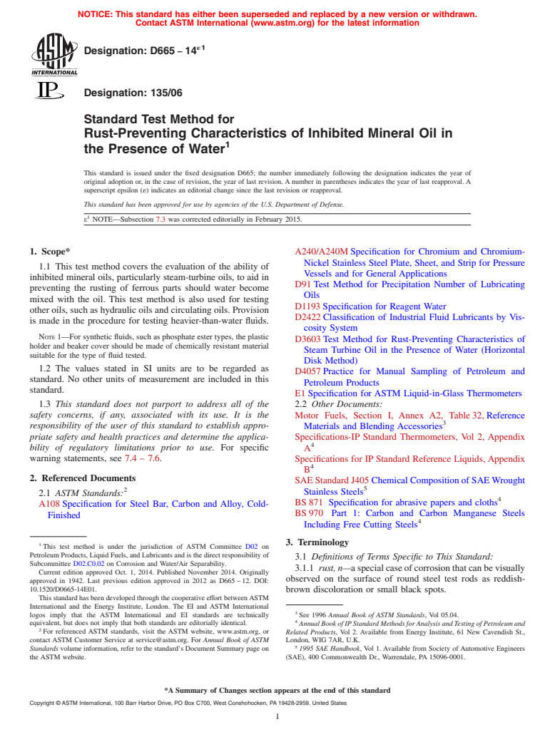 ASTM D665-14e1 - Standard Test Method for Rust-Preventing Characteristics of Inhibited Mineral Oil in  the Presence of Water