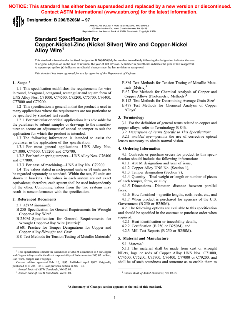 ASTM B206/B206M-97 - Standard Specification for Copper-Nickel-Zinc Alloy (Nickel Silver) Wire and Copper-Nickel Alloy Wire