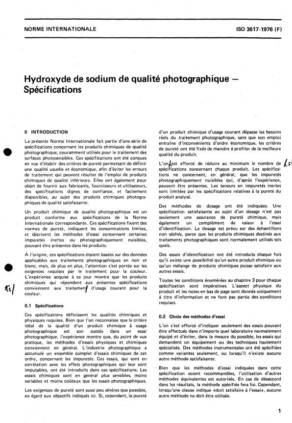 ISO 3617:1976 - Hydroxyde de sodium de qualité photographique -- Spécifications