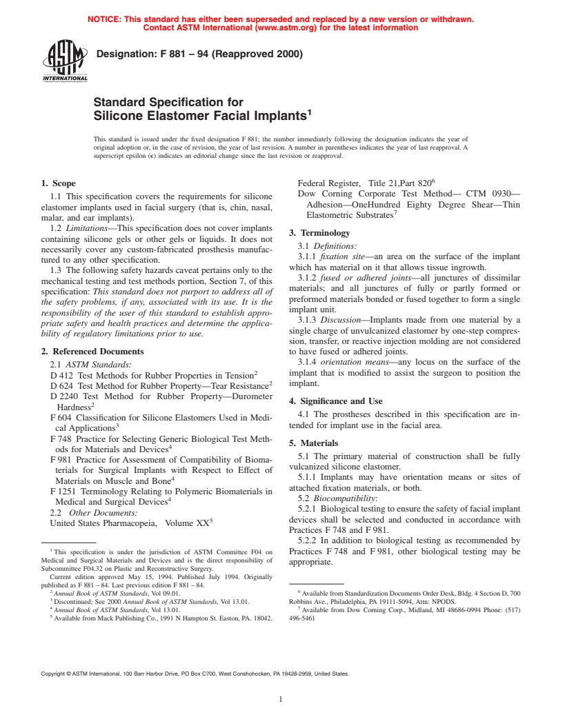 ASTM F881-94(2000) - Standard Specification for Silicone Elastomer Facial Implants