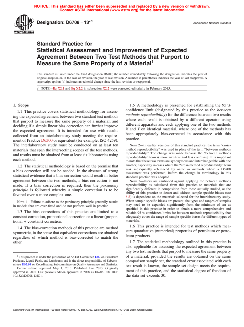 ASTM D6708-13e1 - Standard Practice for Statistical Assessment and Improvement of Expected Agreement   Between Two Test Methods that Purport to Measure the Same Property   of a Material