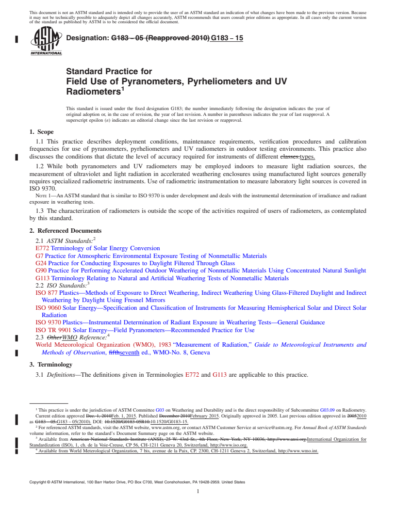 REDLINE ASTM G183-15 - Standard Practice for  Field Use of Pyranometers, Pyrheliometers and UV Radiometers