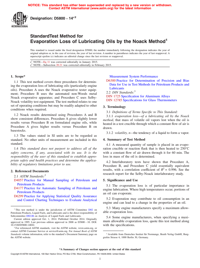 ASTM D5800-14e2 - Standard Test Method for  Evaporation Loss of Lubricating Oils by the Noack Method