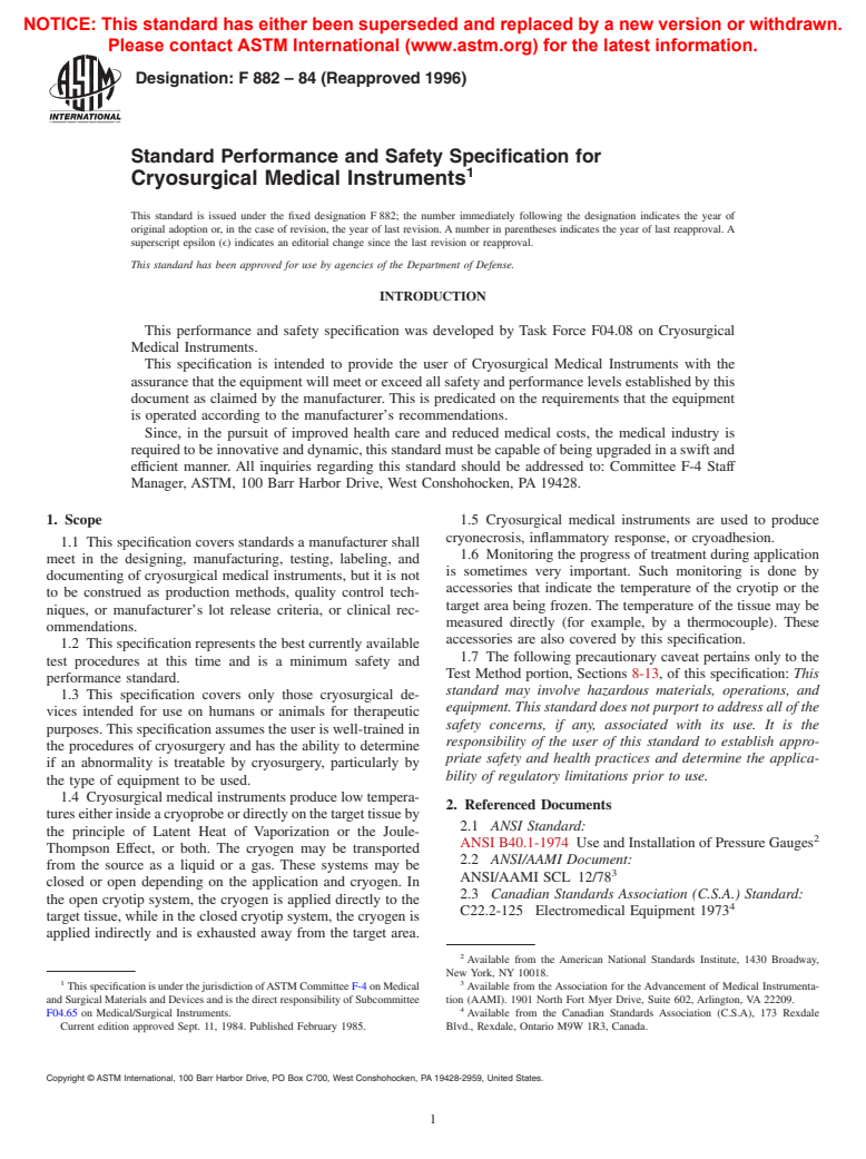 ASTM F882-84(1996) - Standard Performance and Safety Specification for Cryosurgical Medical Instruments