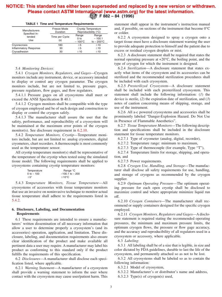 ASTM F882-84(1996) - Standard Performance and Safety Specification for Cryosurgical Medical Instruments