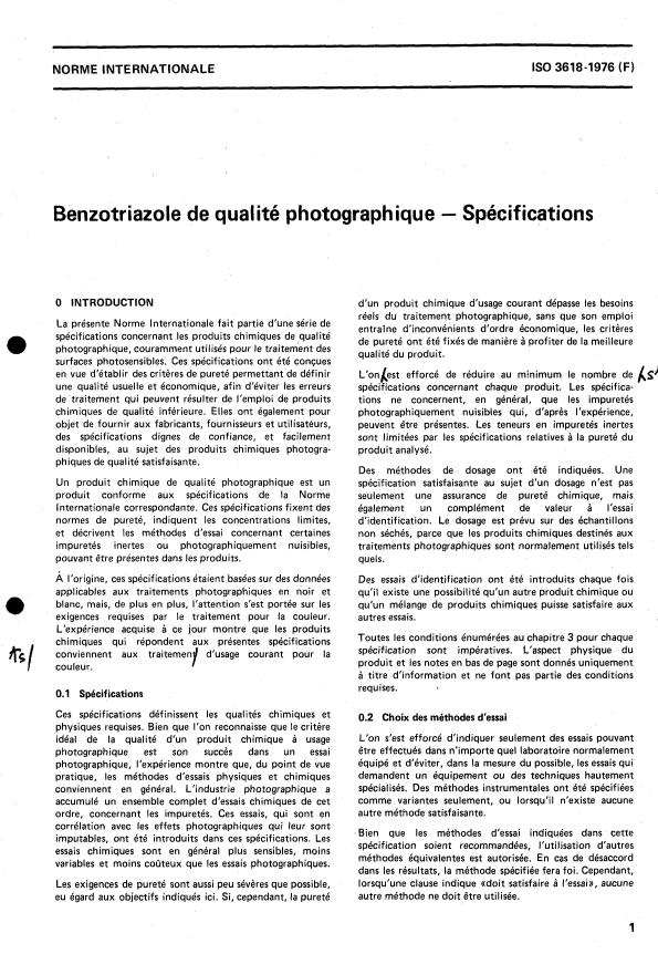 ISO 3618:1976 - Benzotriazole de qualité photographique -- Spécifications