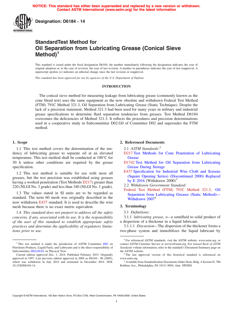 ASTM D6184-14 - Standard Test Method for  Oil Separation from Lubricating Grease (Conical Sieve Method)