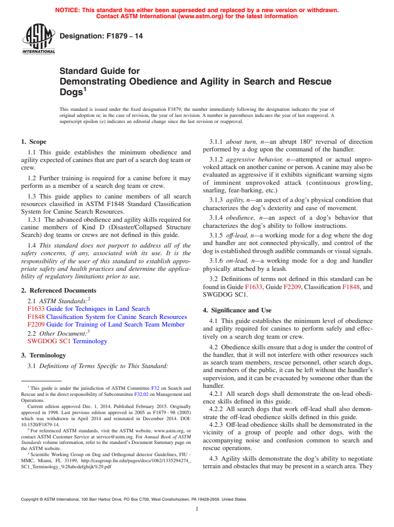 ASTM F1879-14 - Standard Guide for  Demonstrating Obedience and Agility in Search and Rescue Dogs