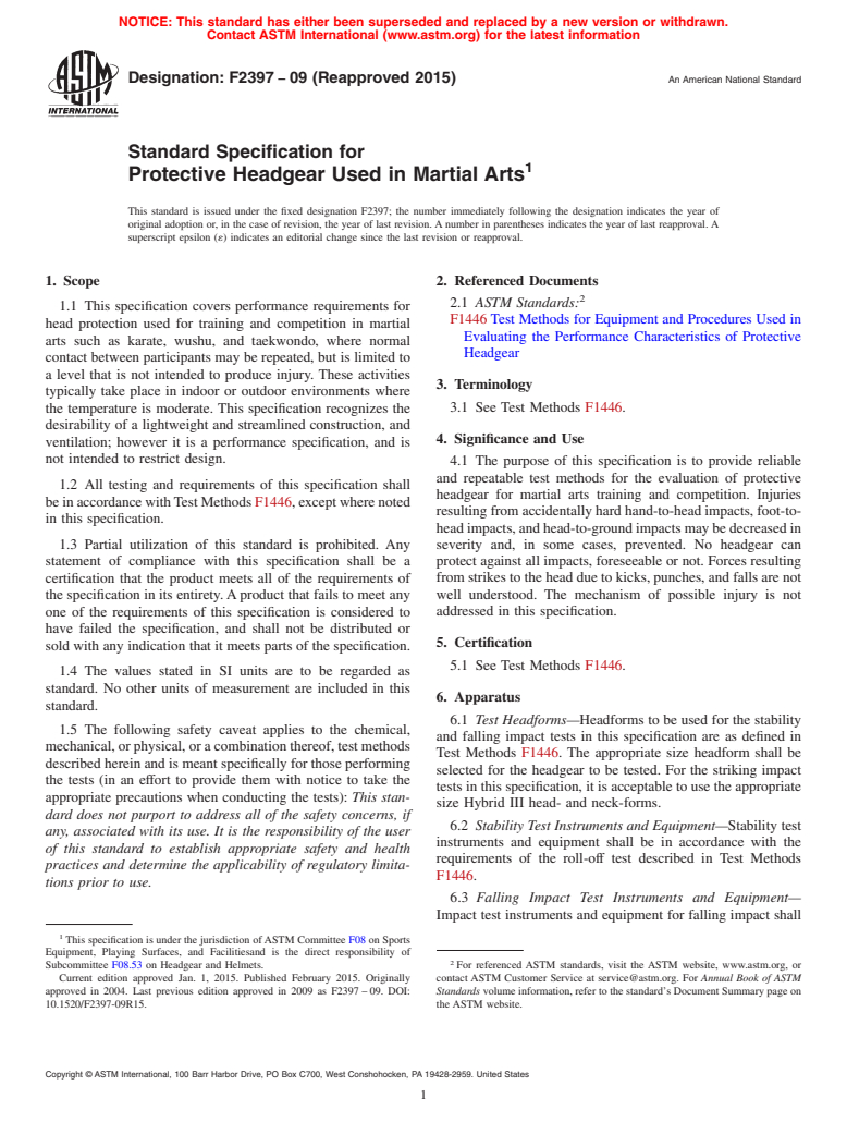 ASTM F2397-09(2015) - Standard Specification for  Protective Headgear Used in Martial Arts