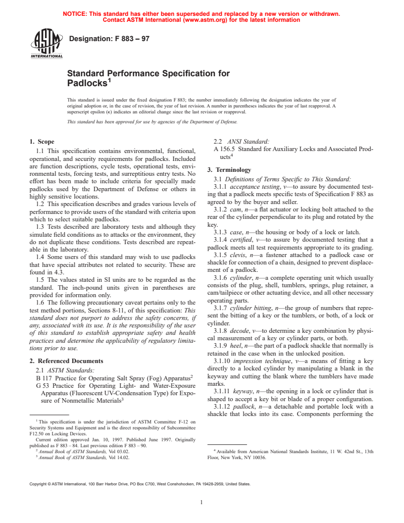 ASTM F883-97 - Standard Performance Specification for Padlocks
