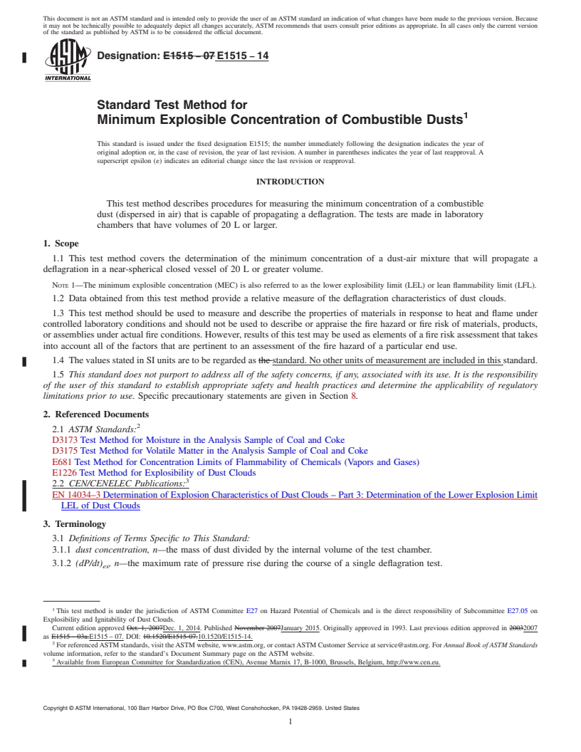 REDLINE ASTM E1515-14 - Standard Test Method for  Minimum Explosible Concentration of Combustible Dusts