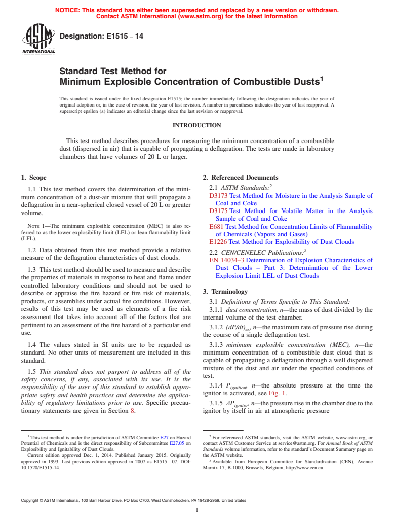 ASTM E1515-14 - Standard Test Method for  Minimum Explosible Concentration of Combustible Dusts