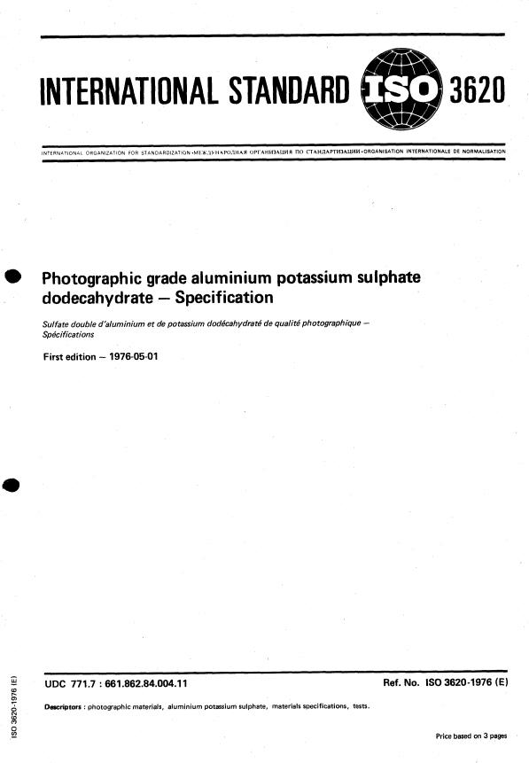 ISO 3620:1976 - Photographic grade aluminium potassium sulphate dodecahydrate -- Specification