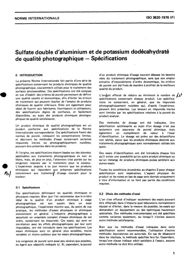 ISO 3620:1976 - Sulfate double d'aluminium et de potassium dodécahydraté de qualité photographique -- Spécifications
