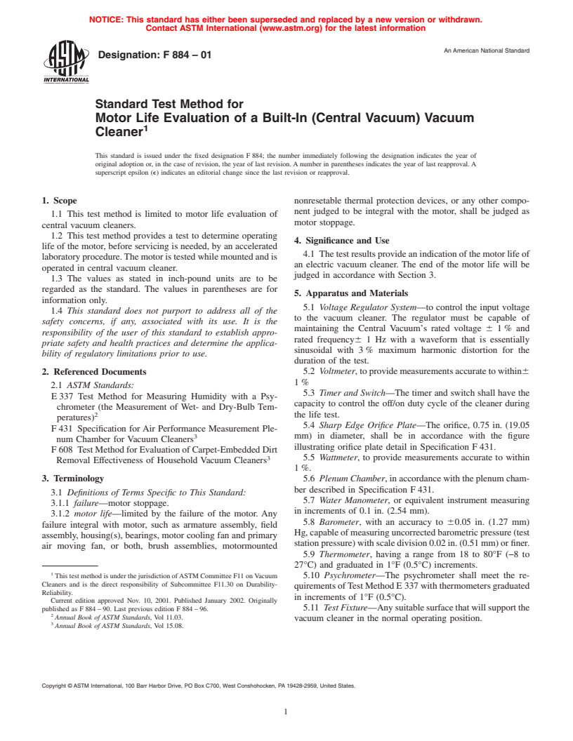 ASTM F884-01 - Standard Test Method for Motor Life Evaluation of a Built-In (Central Vacuum) Vacuum Cleaner