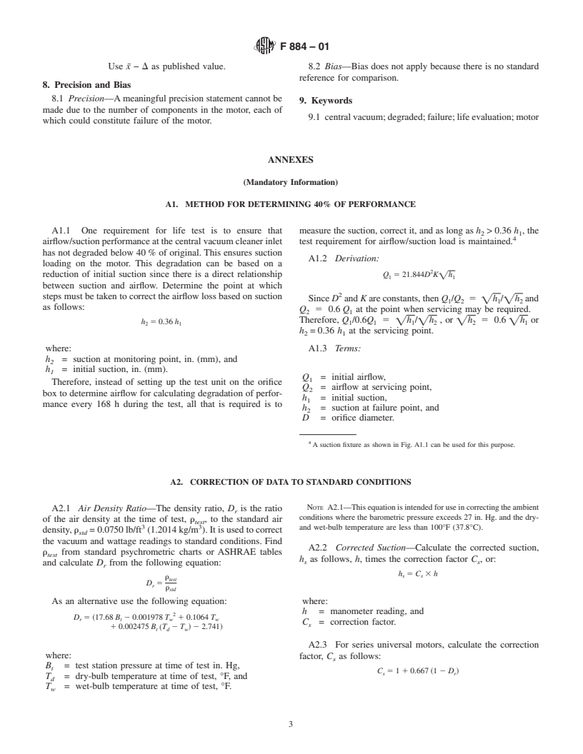 ASTM F884-01 - Standard Test Method for Motor Life Evaluation of a Built-In (Central Vacuum) Vacuum Cleaner