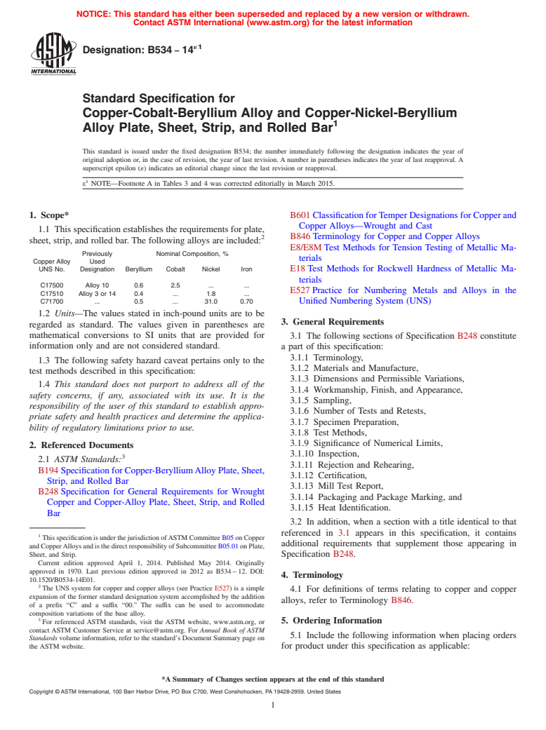 ASTM B534-14e1 - Standard Specification for Copper-Cobalt-Beryllium Alloy and Copper-Nickel-Beryllium Alloy  Plate, Sheet, Strip, and Rolled Bar