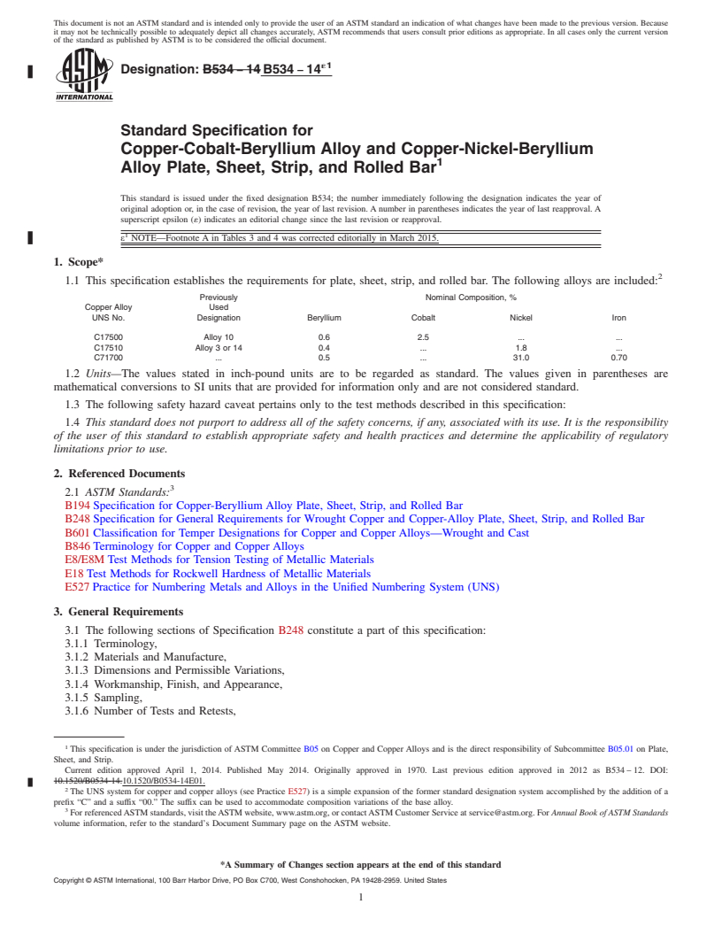 REDLINE ASTM B534-14e1 - Standard Specification for Copper-Cobalt-Beryllium Alloy and Copper-Nickel-Beryllium Alloy  Plate, Sheet, Strip, and Rolled Bar