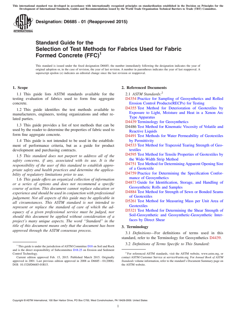 ASTM D6685-01(2015) - Standard Guide for the  Selection of Test Methods for Fabrics Used for Fabric Formed  Concrete  (FFC)