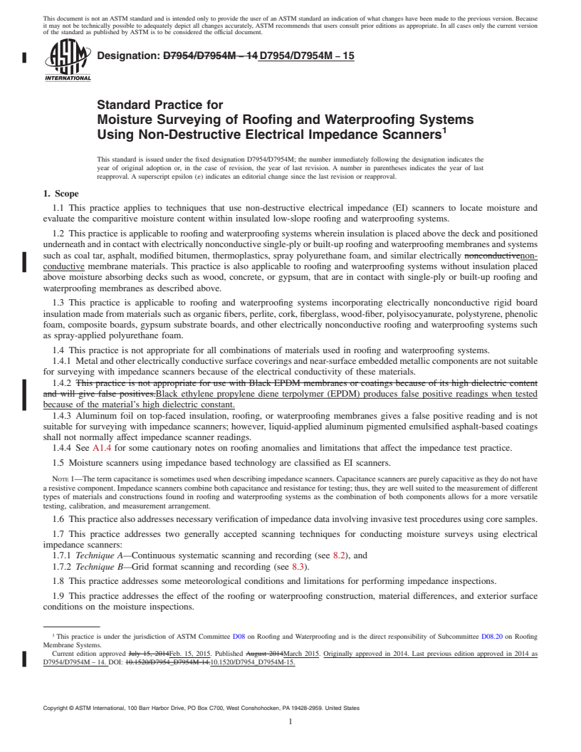 REDLINE ASTM D7954/D7954M-15 - Standard Practice for Moisture Surveying of Roofing and Waterproofing Systems Using  Non-Destructive Electrical Impedance Scanners