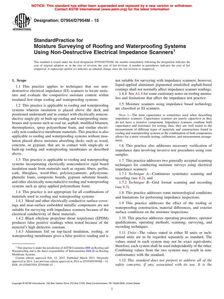 ASTM D7954/D7954M-15 - Standard Practice for Moisture Surveying of Roofing and Waterproofing Systems Using  Non-Destructive Electrical Impedance Scanners