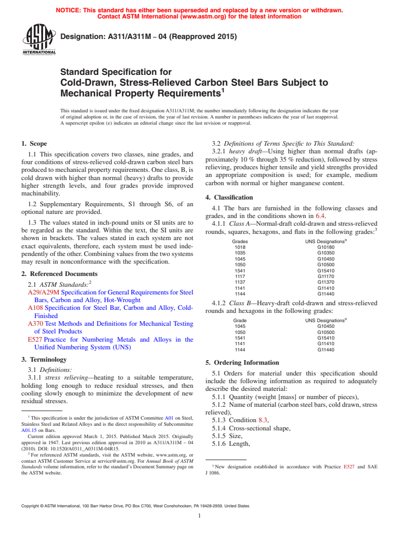 ASTM A311/A311M-04(2015) - Standard Specification for Cold-Drawn, Stress-Relieved Carbon Steel Bars Subject to Mechanical  Property Requirements