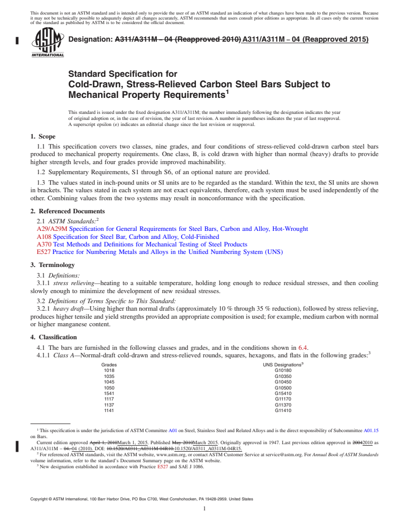 REDLINE ASTM A311/A311M-04(2015) - Standard Specification for Cold-Drawn, Stress-Relieved Carbon Steel Bars Subject to Mechanical  Property Requirements