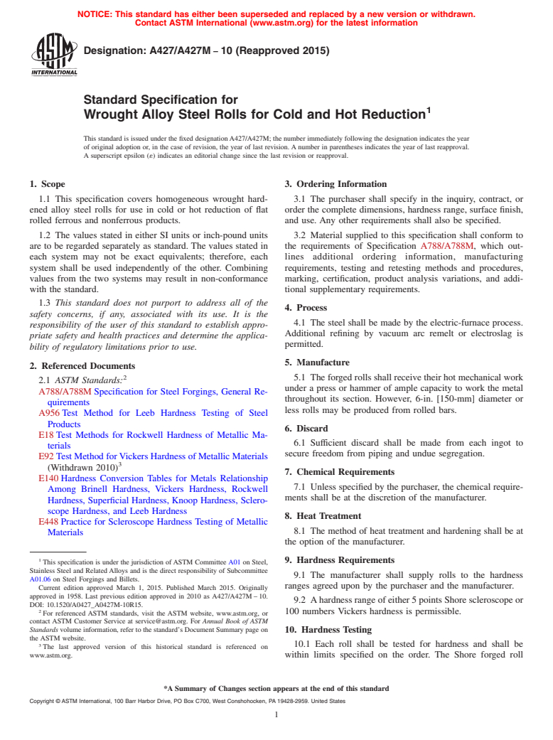 ASTM A427/A427M-10(2015) - Standard Specification for Wrought Alloy Steel Rolls for Cold and Hot Reduction (Withdrawn 2018)