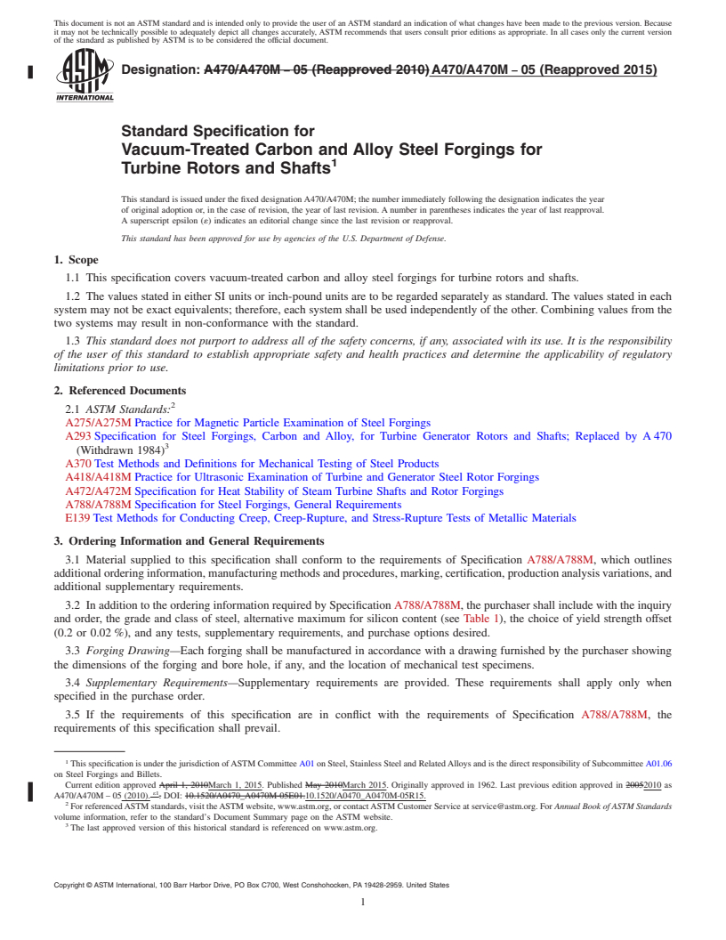 REDLINE ASTM A470/A470M-05(2015) - Standard Specification for Vacuum-Treated Carbon and Alloy Steel Forgings for Turbine  Rotors and Shafts