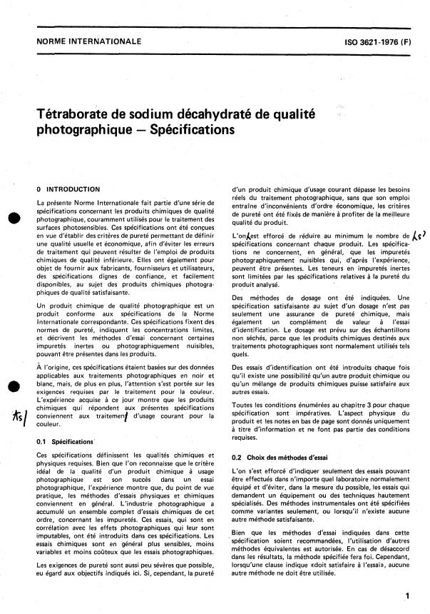 ISO 3621:1976 - Tétraborate de sodium décahydraté de qualité photographique -- Spécifications