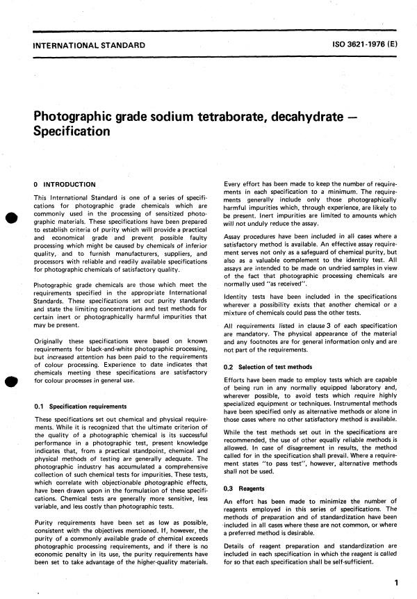 ISO 3621:1976 - Photographic grade sodium tetraborate, decahydrate -- Specification