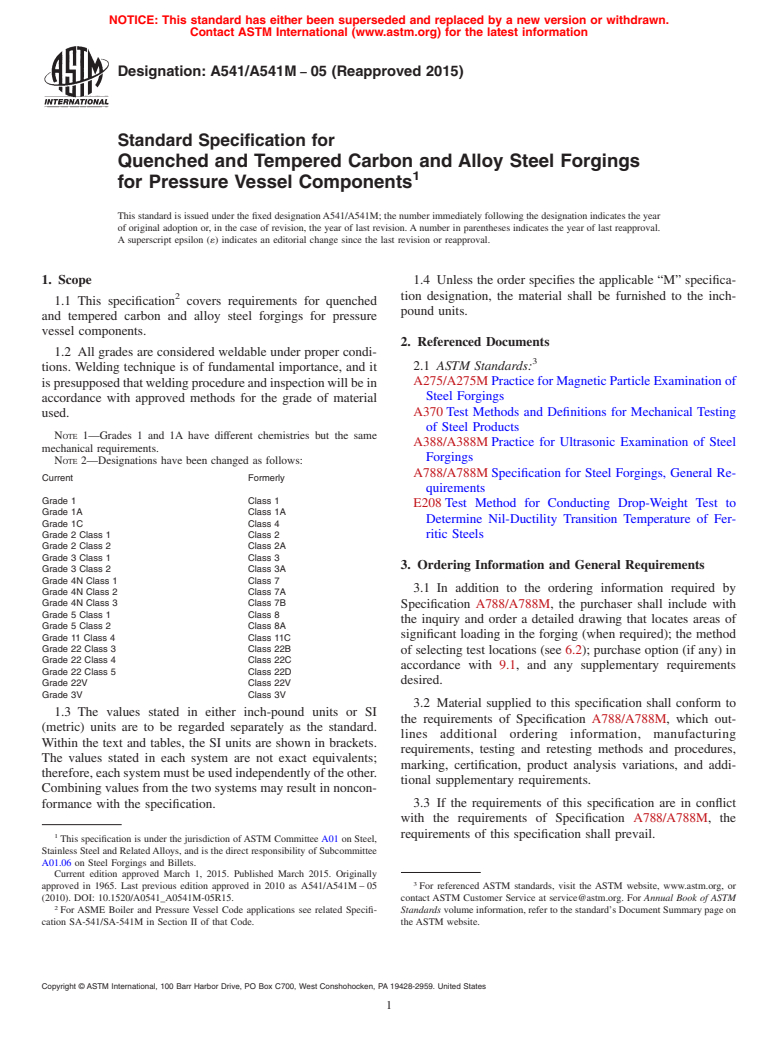 ASTM A541/A541M-05(2015) - Standard Specification for Quenched and Tempered Carbon and Alloy Steel Forgings for Pressure  Vessel Components