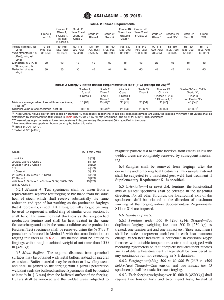 ASTM A541/A541M-05(2015) - Standard Specification for Quenched and Tempered Carbon and Alloy Steel Forgings for Pressure  Vessel Components