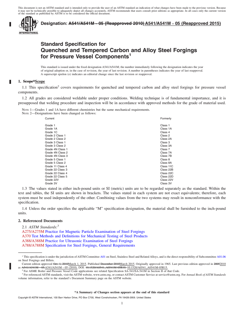 REDLINE ASTM A541/A541M-05(2015) - Standard Specification for Quenched and Tempered Carbon and Alloy Steel Forgings for Pressure  Vessel Components