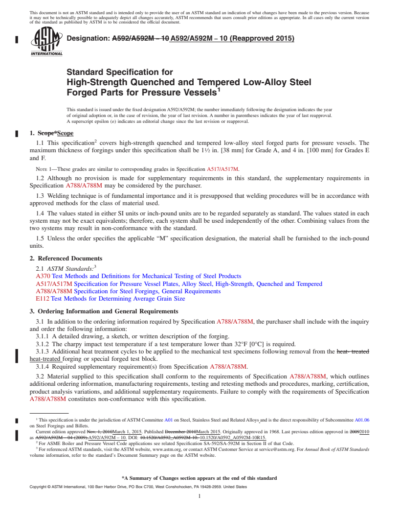 REDLINE ASTM A592/A592M-10(2015) - Standard Specification for High-Strength Quenched and Tempered Low-Alloy Steel Forged  Parts for Pressure Vessels