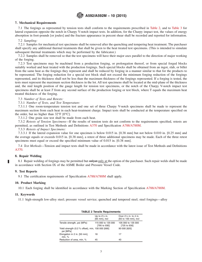 REDLINE ASTM A592/A592M-10(2015) - Standard Specification for High-Strength Quenched and Tempered Low-Alloy Steel Forged  Parts for Pressure Vessels