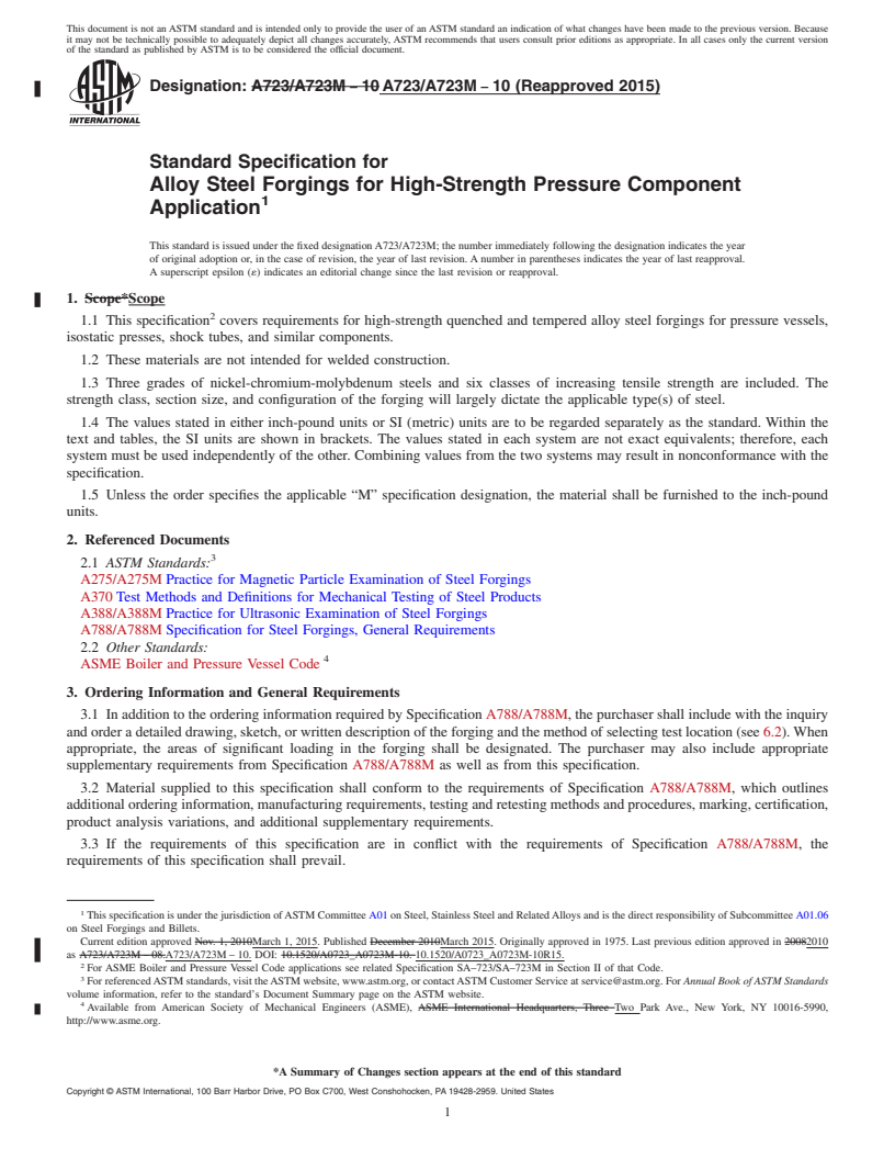 REDLINE ASTM A723/A723M-10(2015) - Standard Specification for Alloy Steel Forgings for High-Strength Pressure Component Application