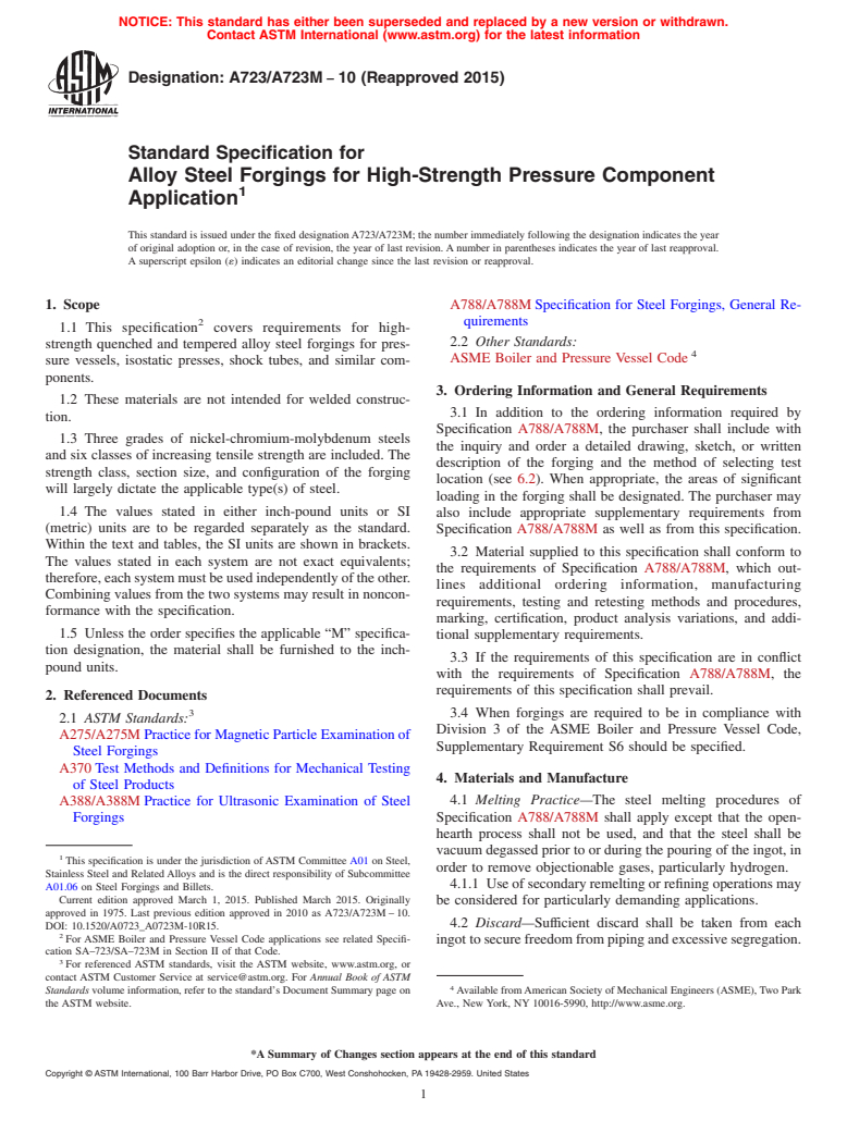 ASTM A723/A723M-10(2015) - Standard Specification for Alloy Steel Forgings for High-Strength Pressure Component Application