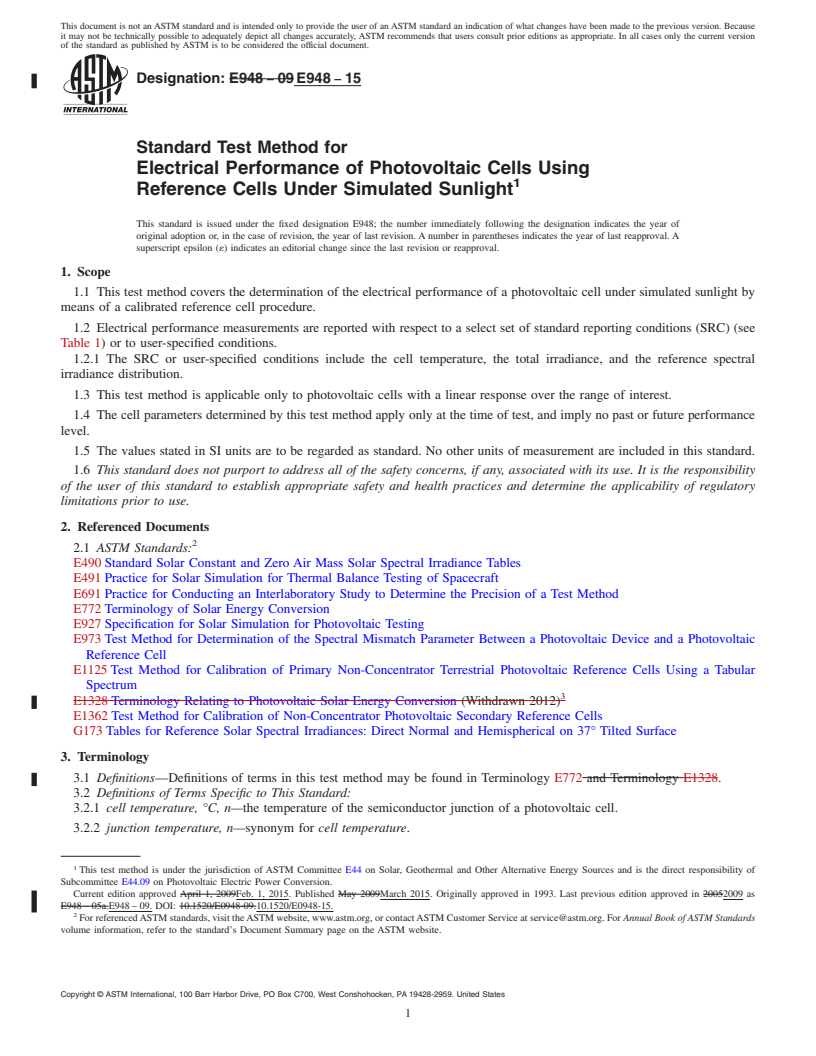 REDLINE ASTM E948-15 - Standard Test Method for  Electrical Performance of Photovoltaic Cells Using Reference  Cells  Under Simulated Sunlight