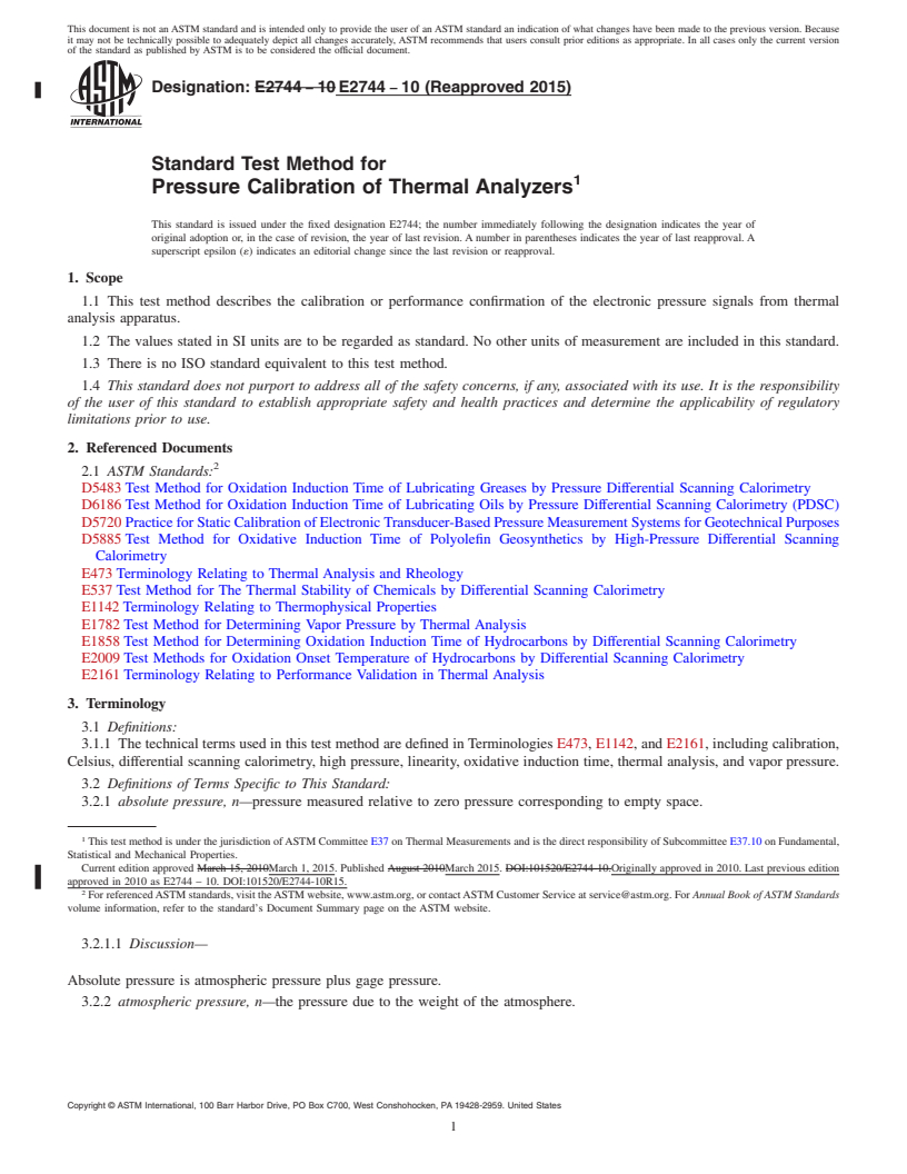 REDLINE ASTM E2744-10(2015) - Standard Test Method for  Pressure Calibration of Thermal Analyzers