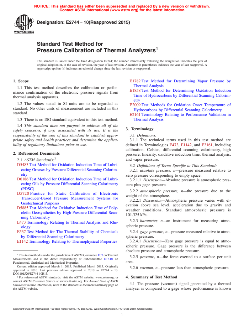 ASTM E2744-10(2015) - Standard Test Method for  Pressure Calibration of Thermal Analyzers