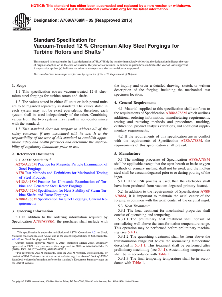 ASTM A768/A768M-05(2015) - Standard Specification for Vacuum-Treated 12% Chromium Alloy Steel Forgings for Turbine Rotors and Shafts (Withdrawn 2018)