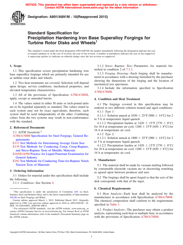 ASTM A891/A891M-10(2015) - Standard Specification for Precipitation Hardening Iron Base Superalloy Forgings for Turbine  Rotor Disks and Wheels