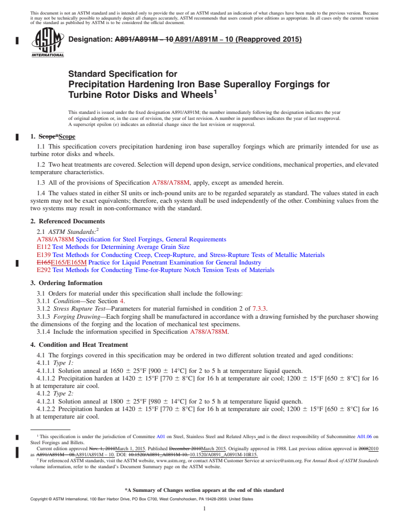 REDLINE ASTM A891/A891M-10(2015) - Standard Specification for Precipitation Hardening Iron Base Superalloy Forgings for Turbine  Rotor Disks and Wheels