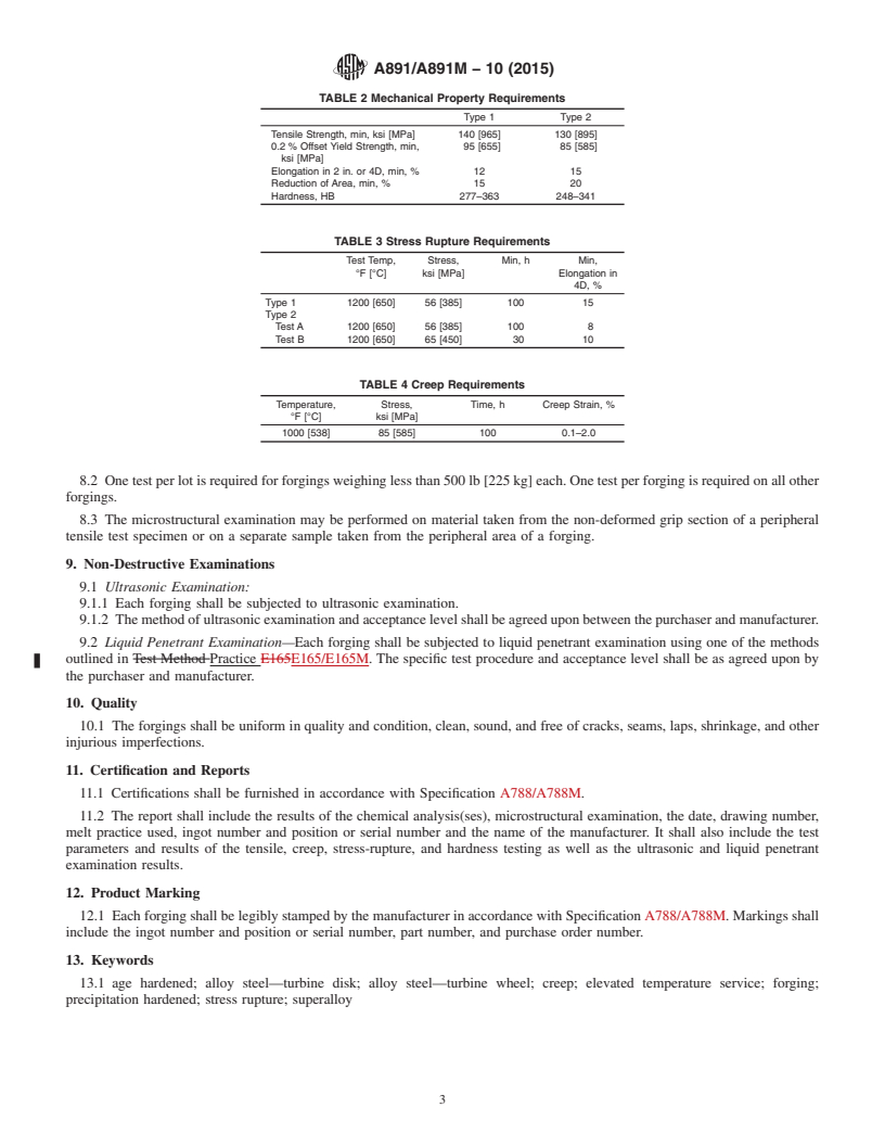 REDLINE ASTM A891/A891M-10(2015) - Standard Specification for Precipitation Hardening Iron Base Superalloy Forgings for Turbine  Rotor Disks and Wheels