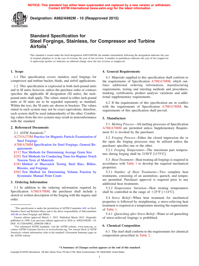 ASTM A982/A982M-10(2015) - Standard Specification for Steel Forgings, Stainless, for Compressor and Turbine Airfoils