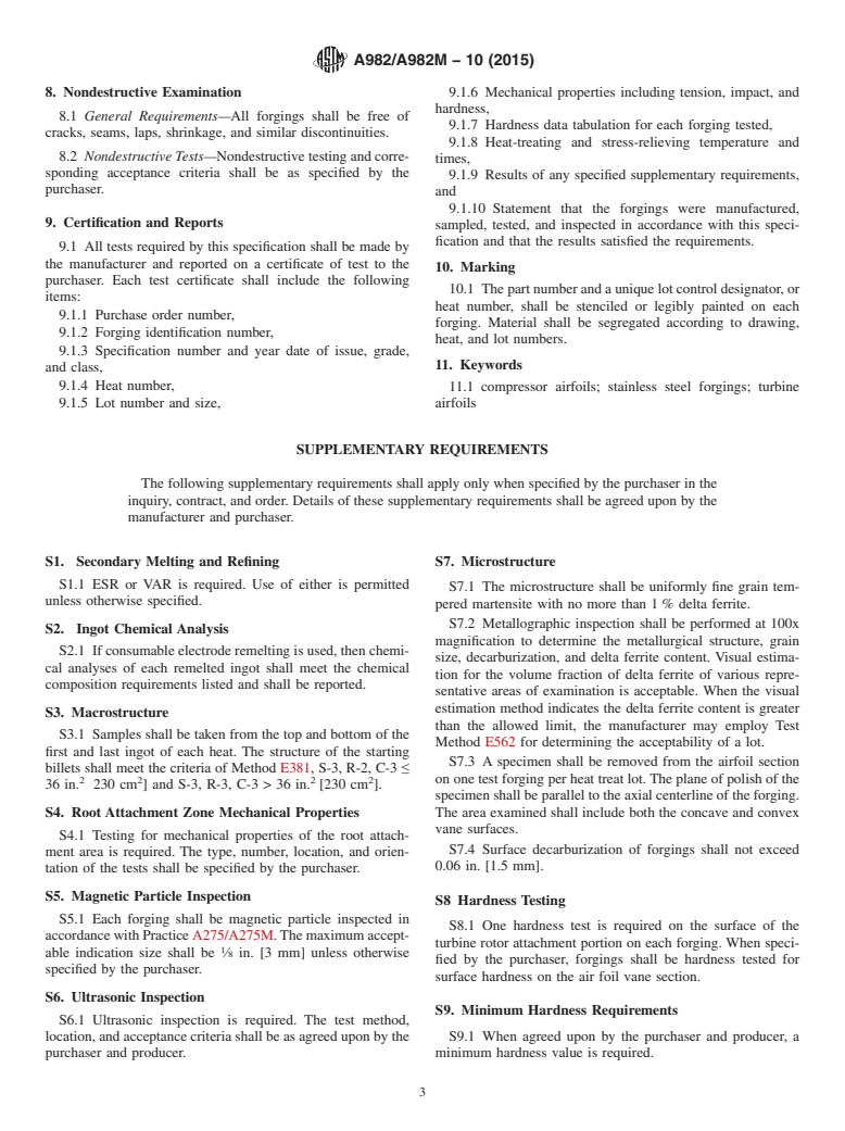 ASTM A982/A982M-10(2015) - Standard Specification for Steel Forgings, Stainless, for Compressor and Turbine Airfoils